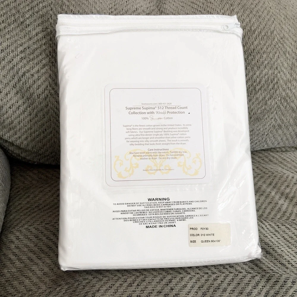Linen‎ Source Supreme Supima White Queen Flat Sheet 512 Tread Count Cotton NEW